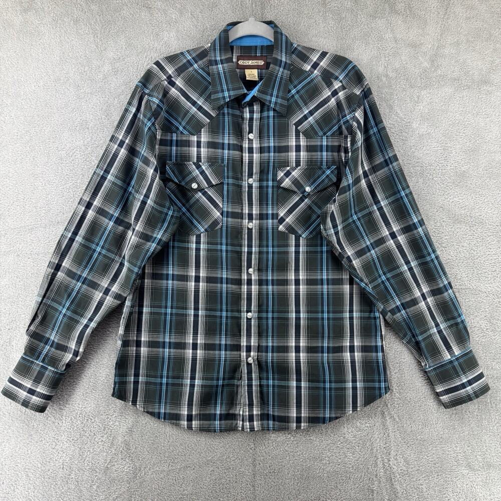 Cody Hames Shirt Men L Blue Plaid Pearl Snap LS Button Front Collared Pocket